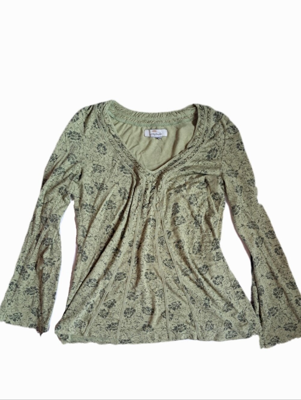 Size S Green Floral Medieval Style Y2K Bell Sleeve Top Vintage